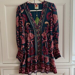 **NWT** Farm Rio Seashell Tapestry Teal Long Sleeve Mini Dress (S)